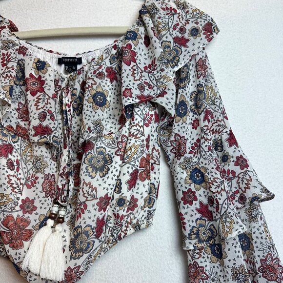 F21 Boho Crop Ruffle Blouse Off Shoulder Top Size Medium Floral Cottage Western - Picture 4 of 11